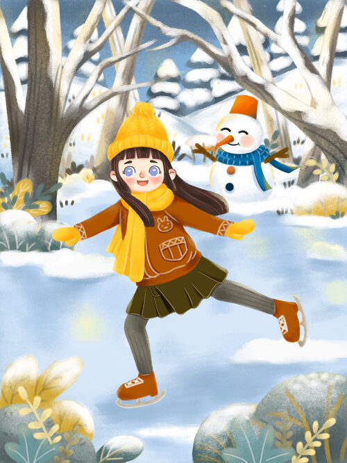小女孩和雪人插画
