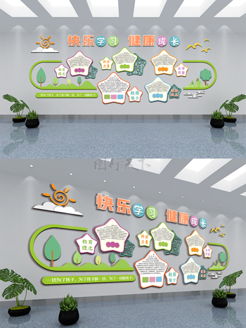 清新可爱卡通学校幼儿园简介文化展板背景墙