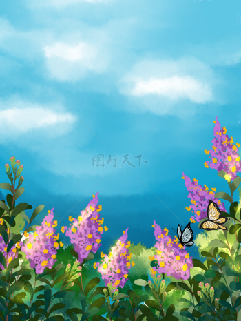 蓝天花卉手绘