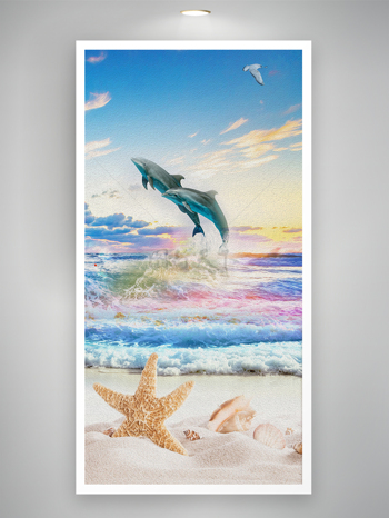 现代油画大海天空浮雕海豚贝壳玄关装饰画