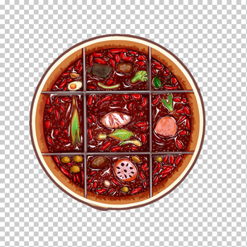 手绘俯视九宫格重庆麻辣火锅肉藕片美食免抠图