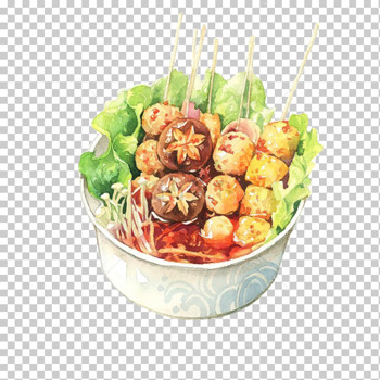 手绘香菇鱼丸龙虾球金针菇生菜麻辣烫免抠美食