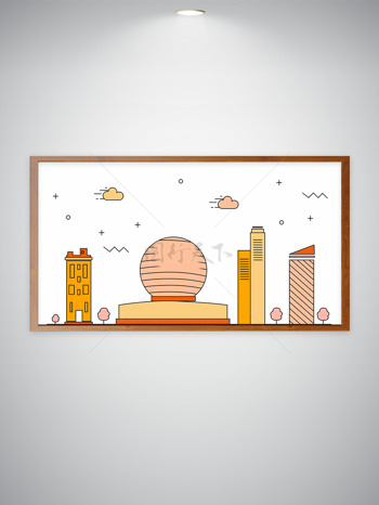 扁平卡通简约手绘线条城市地标建筑插画