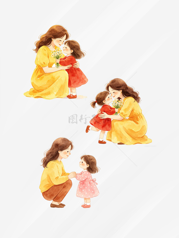 简约手绘卡通母女互动母亲节插画