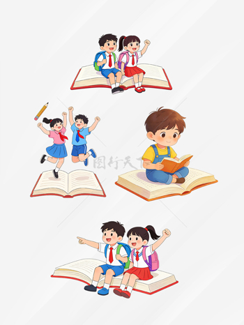学生坐在书本上学习插画